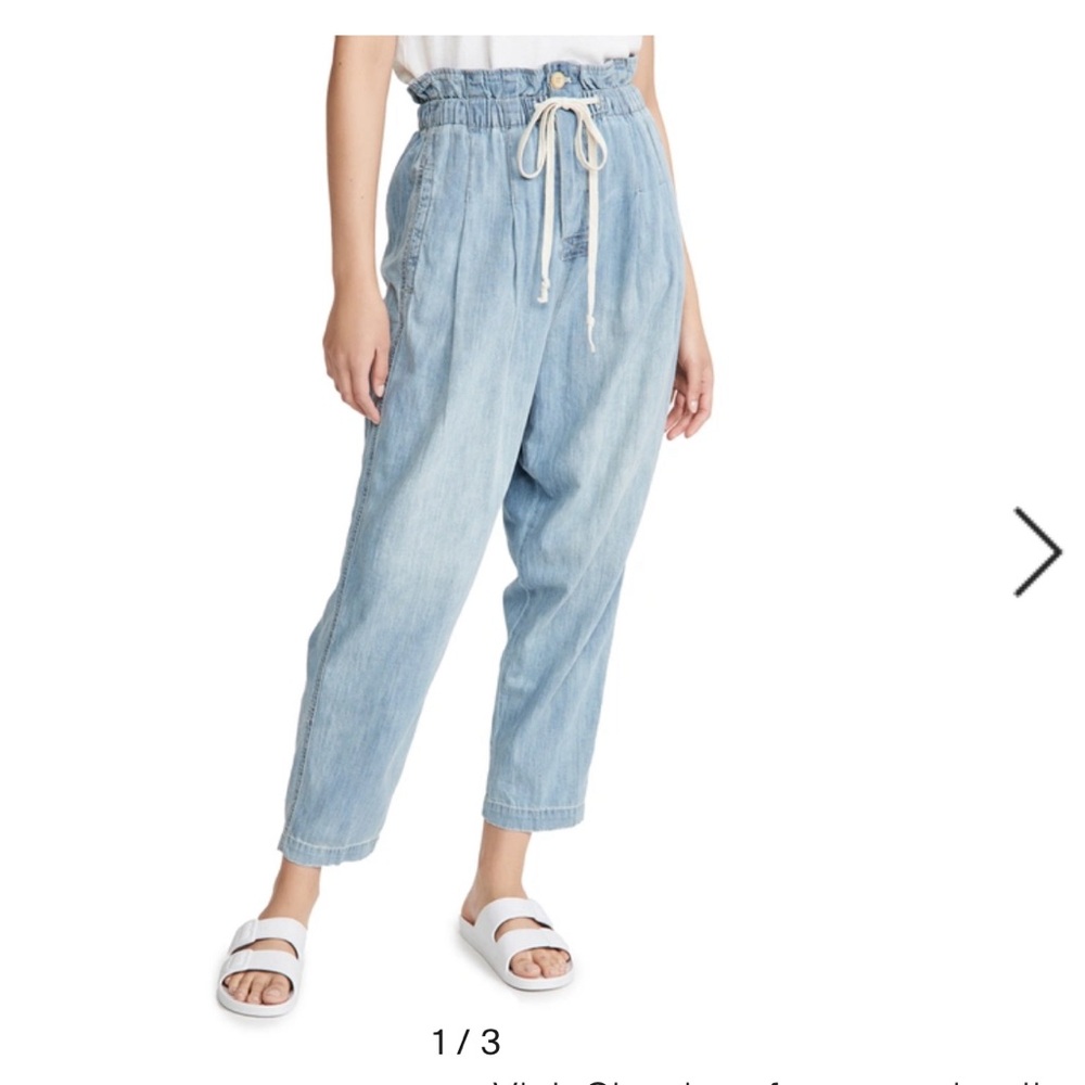 Free People Sky Margate Pleated Denim Hemp-Blend Paper Bag Jeans